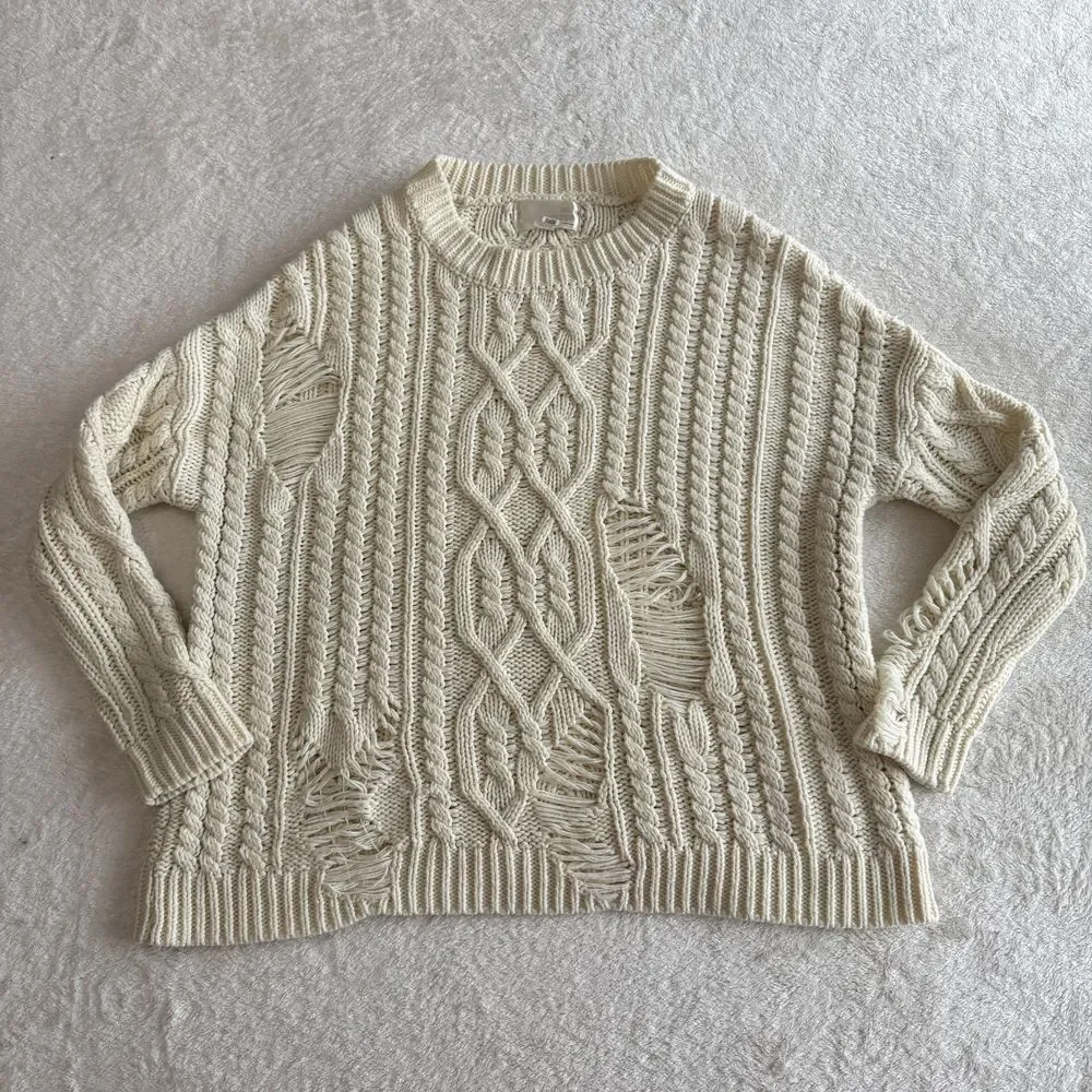 Revolve JOA Distressed Cable Knit Sweater Womens S Cream Oversized Pullover Edgy